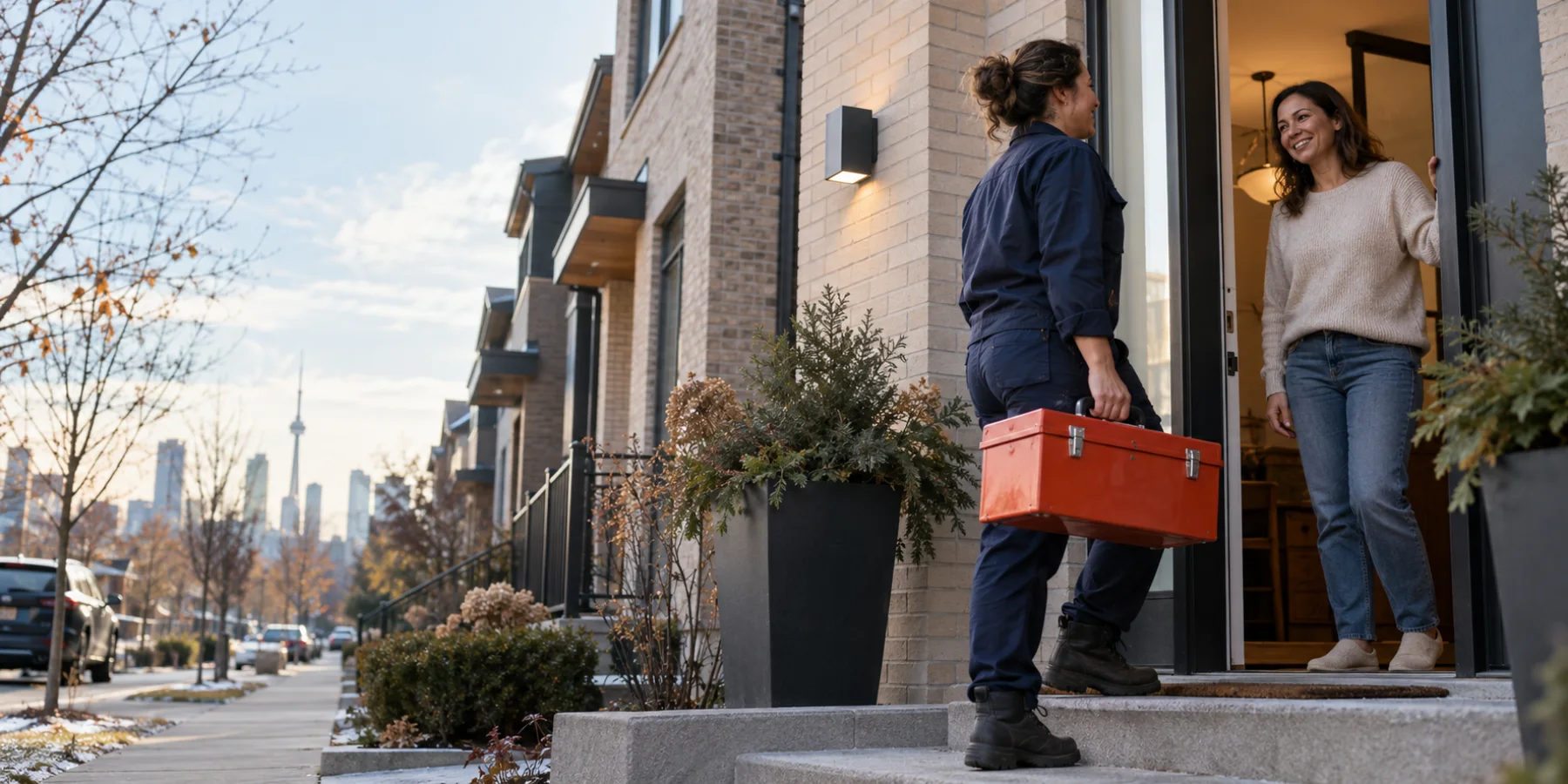 A tradeswoman arriving with her toolbox at a Canadian home